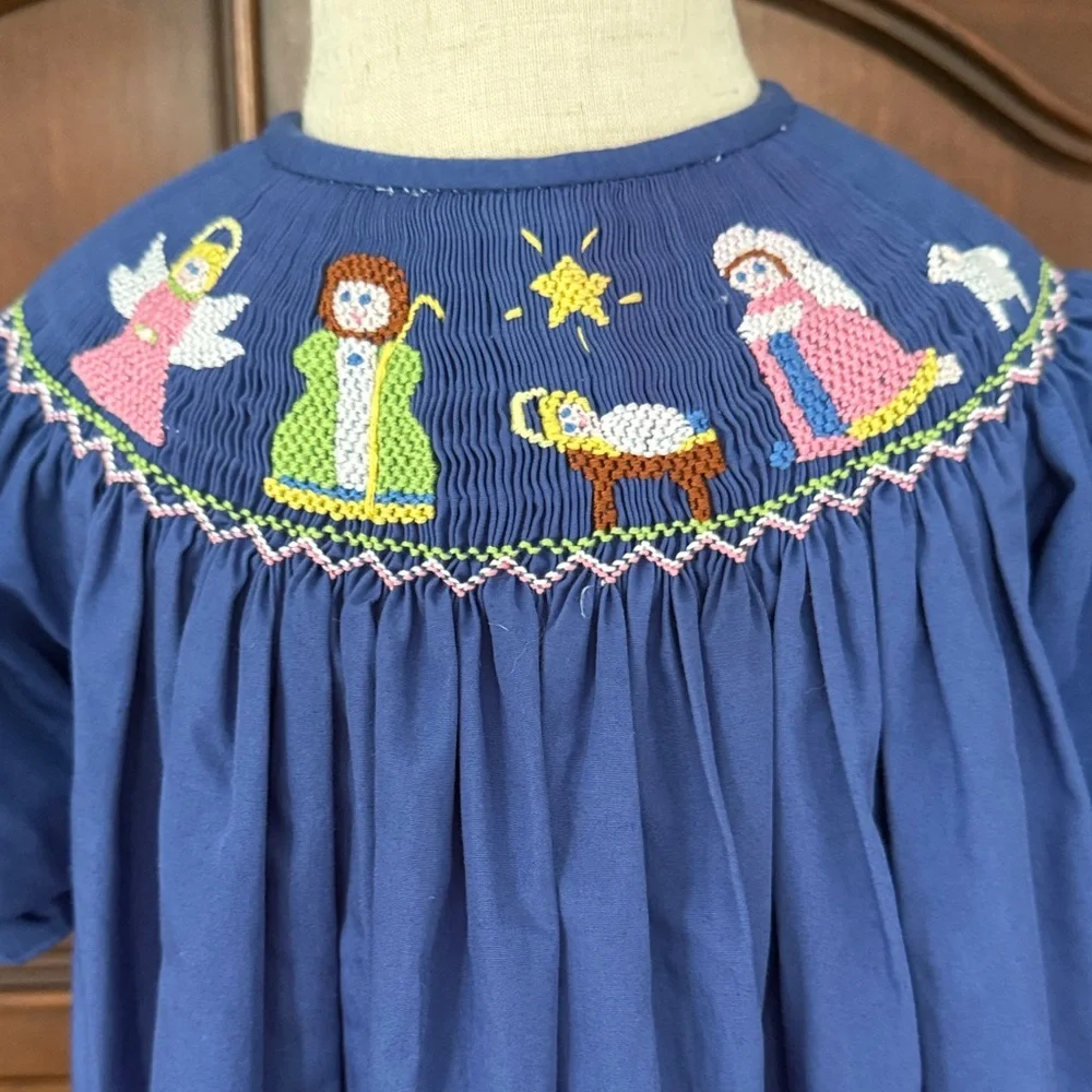 Tiaras & Frogs Nativity Smocked Bishop Dress Girls 6 Christmas Blue